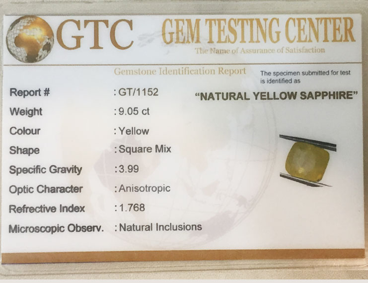 9.05 ct/10.00 ratti Natural Certified Ceylon Pukhraj/Yellow Sapphire